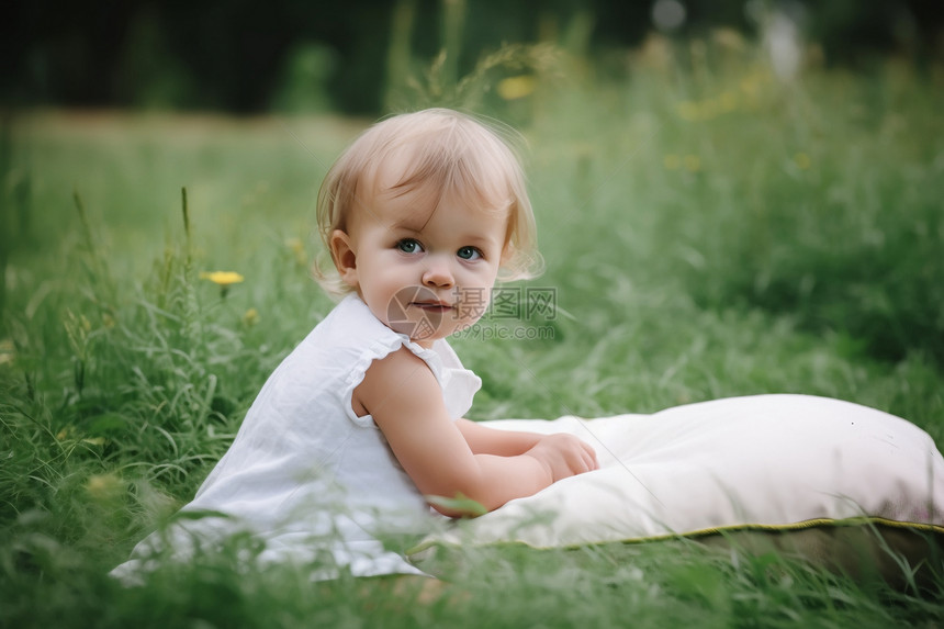 草地上快乐的婴儿图片