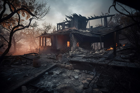 游戏房屋荒村中烧焦的树木和碎片设计图片