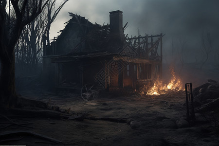 荒野中被烧焦的房子高清图片