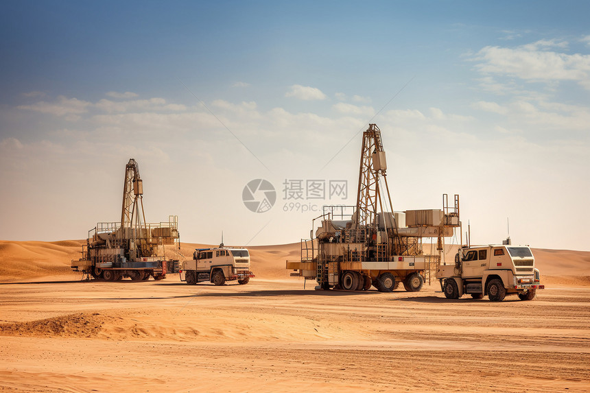 工人在沙漠中操作石油钻机图片