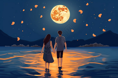 月圆夜的情侣散步插画图片
