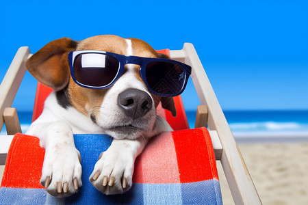 沙滩躺椅上的宠物狗图片