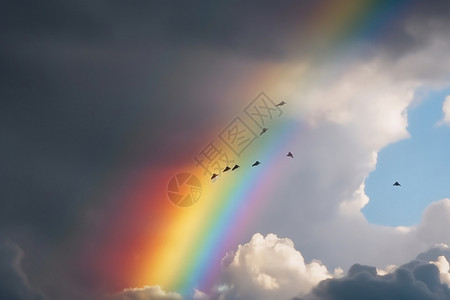 彩虹前的一群鸟背景图片