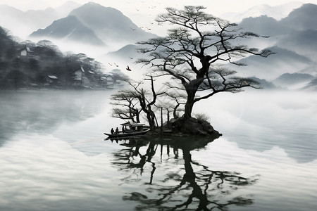 写实的山间风水画高清图片