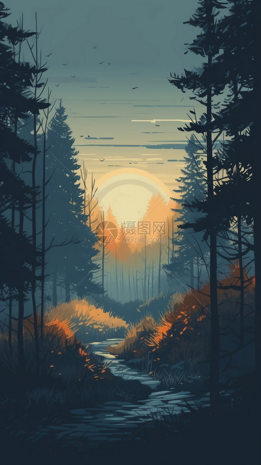 日落树林景色图片