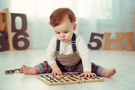 数字宝宝在地板上拼图的婴儿背景