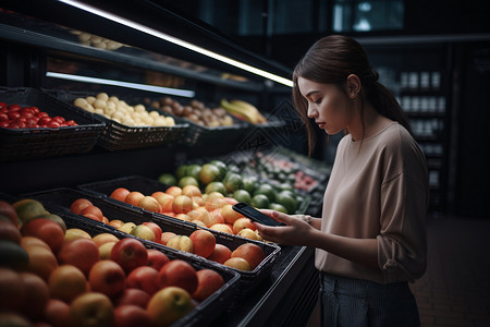 订购女人在超市购买水果背景