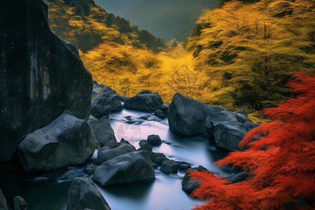 红色光雾光效秋天光雾山红叶景观背景