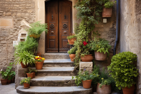 住宅入口的绿色植物图片