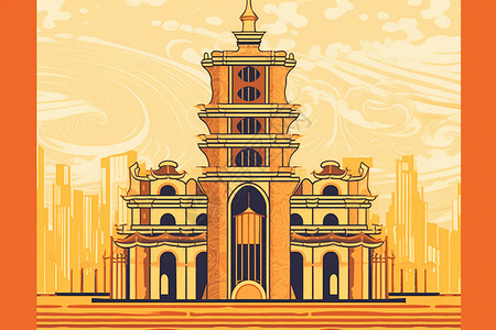 中国风格元素灯塔平面插图插画