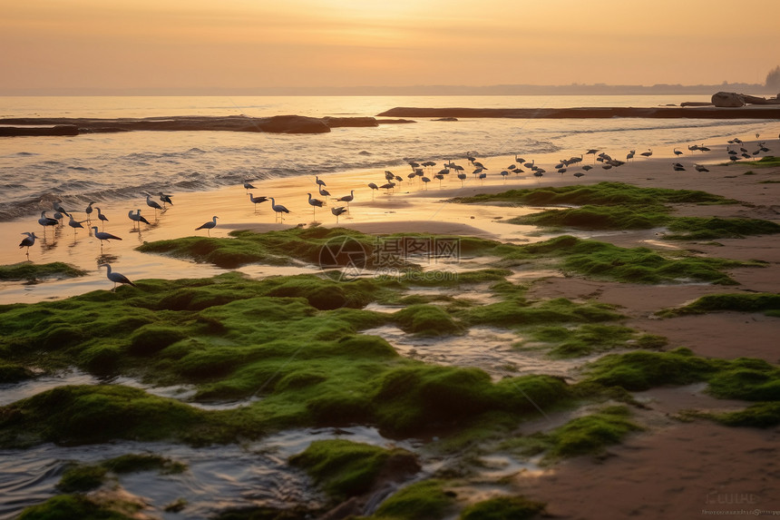 铺满海藻的海滩图片