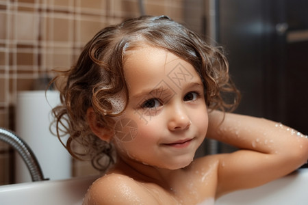 孩子在浴缸洗澡背景图片