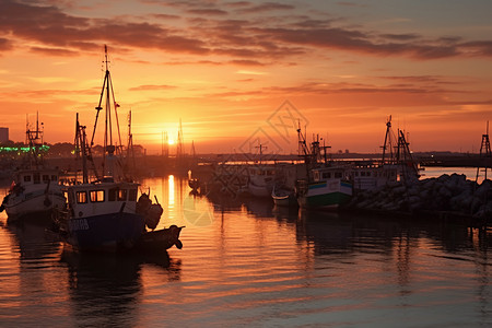 日落的渔港背景图片
