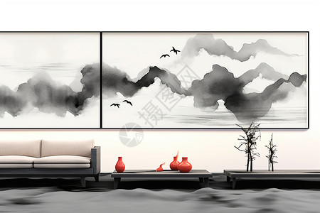家居新中式中式家居的风水画插画