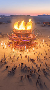 广场舞台沙漠中的篝火晚会插画
