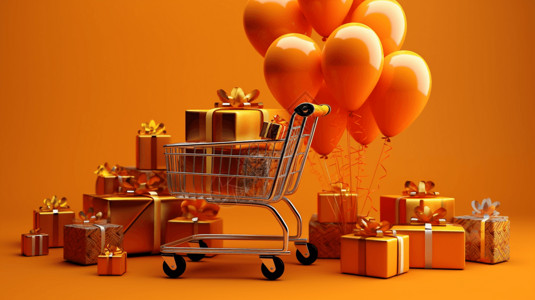 双十二庆典橙色购物车设计图片