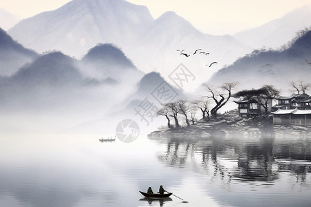 山间的早晨仙境山水中国画插画