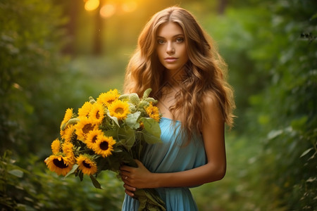 一个女人拿着一束向日葵背景图片