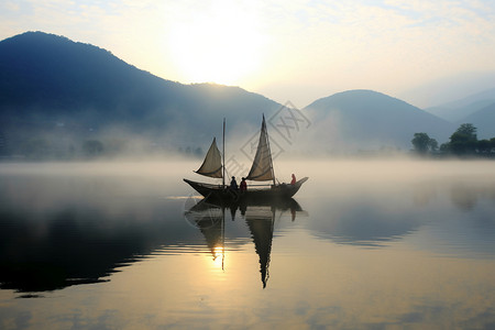 夕阳小船美景图片