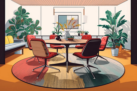 彩色地毯配有圆桌的会议室插画