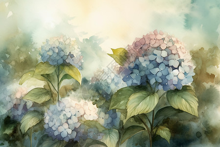 水彩风格的绣球花背景图片
