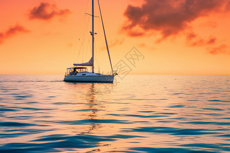 日落时海上的帆船图片