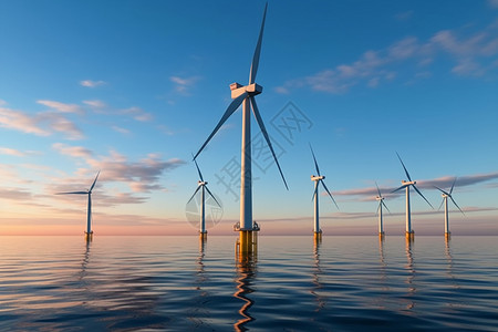 大海中的风力涡轮机发电图片