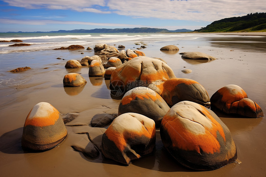 海滩上奇形怪状的石头图片