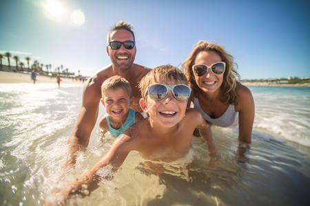 家人在海滩上一起玩乐背景图片