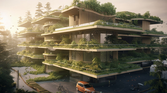 屋顶太阳能电池板的未来派建筑高清图片