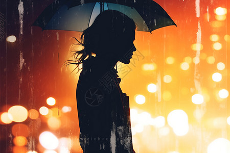 城市曝光雨中女人侧面水彩插图插画