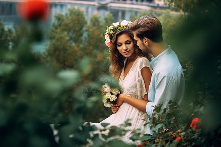 花园中的新婚夫妇图片