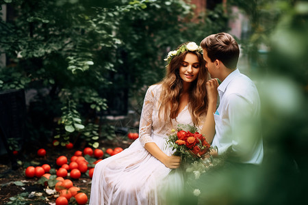 花园中拍婚纱照的夫妻图片