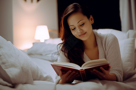 女人趴在床上阅读书籍背景图片