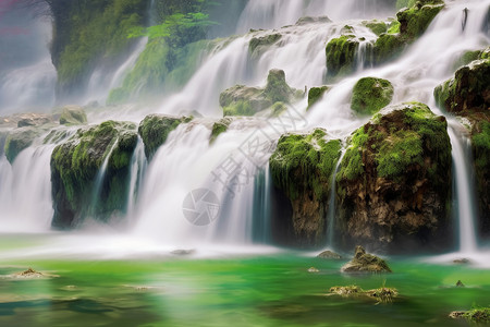 天然瀑布景色美丽的高山流水图设计图片