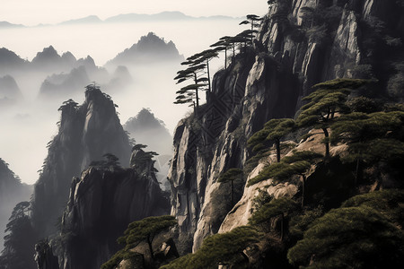 安徽迎客松风景幽美的山峰设计图片