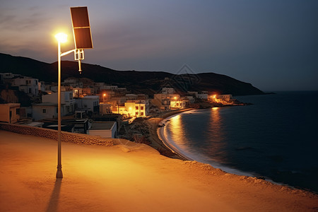 太阳能小镇海边公路的太阳能路灯背景