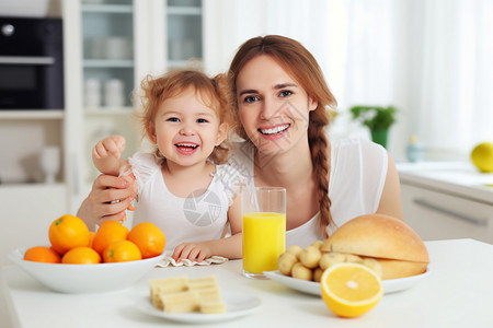 母亲陪女儿吃早餐高清图片
