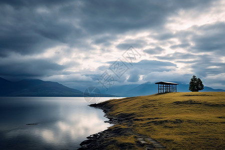 春夏季树林小屋旅游胜地山川湖泊设计图片