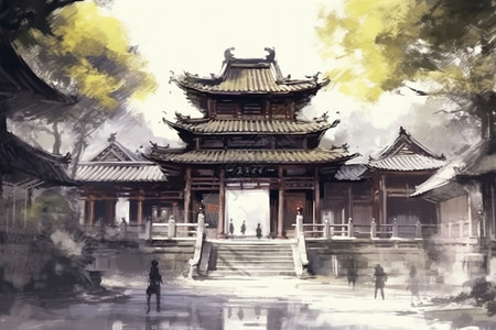 寺庙的宁静水墨画图片