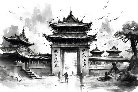 中国寺庙的宁静水墨画背景图片