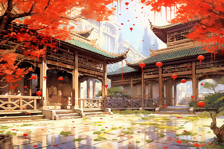 中式庭院建筑风景背景图片