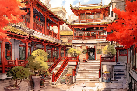 中国庭院水彩画背景图片