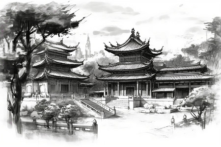 古老寺庙的水墨画图片