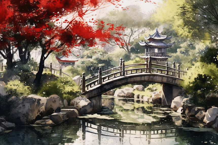 宁静的中式花园水彩画图片