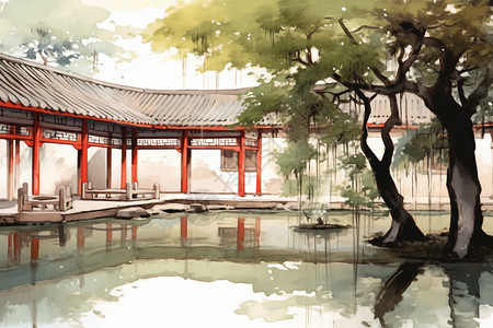 中国传统庭院的水彩画图片