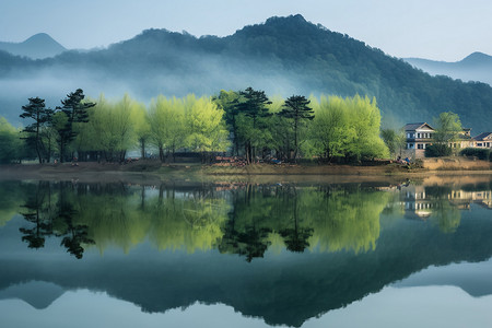 乡村湖边倒影图片