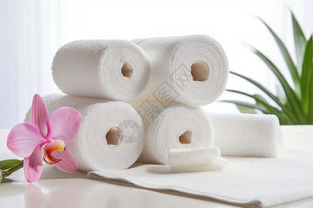 白色浴巾整齐摆放的设计图片