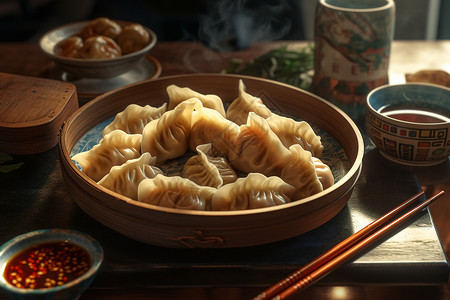 一整碗热汤饺子和蘸料笼屉里的蒸饺背景