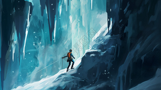 攀岩雪山一幅攀冰者登上冰冻瀑布的画插画